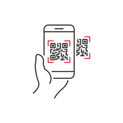 scan qr code icon, payment hand with phone, scanner app, thin line symbol on white background - editable stroke vector