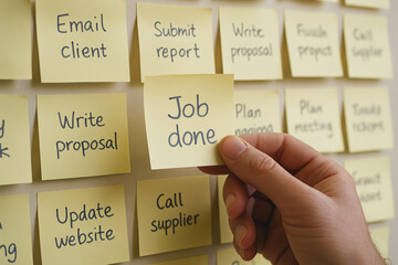 Job done note symbolizes task progress and completion inspiring success teamwork and productivity at work