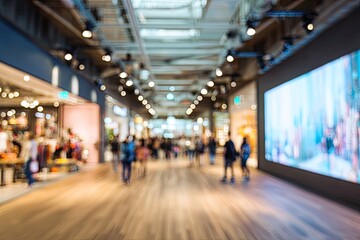 Blurred view of a bustling shopping mall interior