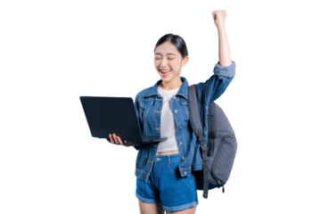 An excited young Asian student looking at her laptop and cheering with a triumphant fist pump after an achievement on png