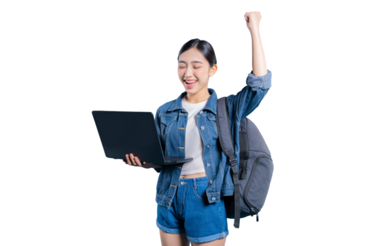 An excited young Asian student looking at her laptop and cheering with a triumphant fist pump after an achievement on png  - Powered by Adobe