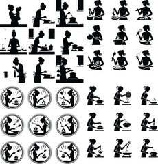 Woman Cooking in Kitchen Silhouette – Domestic Chef Icon Set Female Cooking at Stove – Home Kitchen Black Silhouette Vector