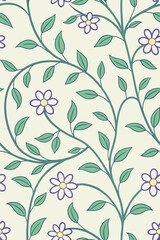 Delicate purple flowers and green leaves on a cream background floral pattern botanical