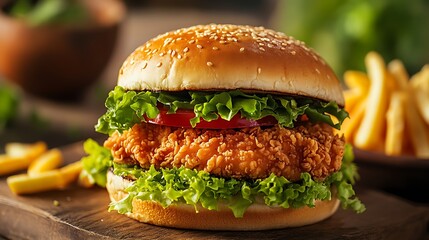 Crispy Chicken Sandwich with Fresh Lettuce and Tomato Served with Fries