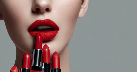 29 jewelry preparations for National Lipstick Day, beautiful woman with red lips holding cosmetic products in her hands and applying lipstick on her face, isolated gray background, copy space banner 