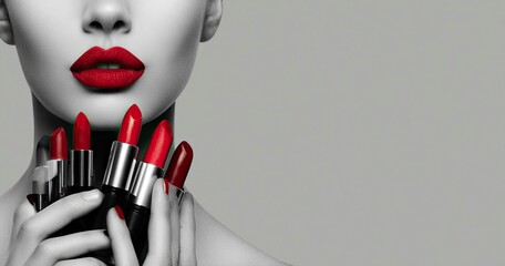 29 jewelry preparations for National Lipstick Day, beautiful woman with red lips holding cosmetic products in her hands and applying lipstick on her face, isolated gray background, copy space banner 