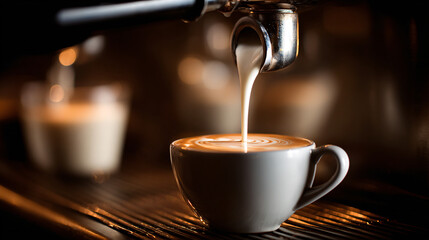Close-Up Latte Art in White Ceramic Cup Under Espresso Stream