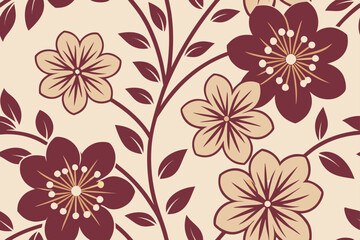 Seamless pattern of maroon and beige flowers with leaves floral