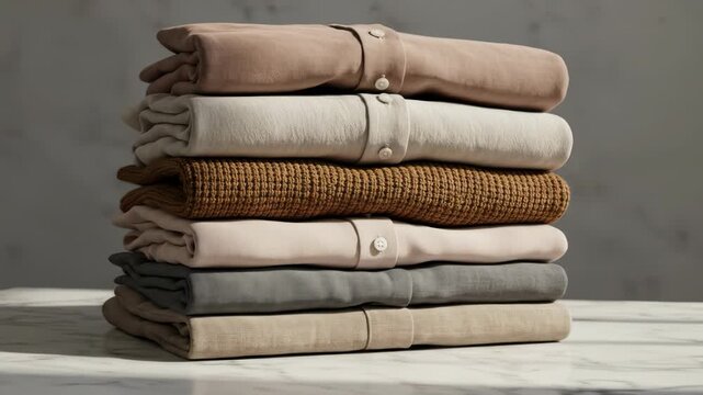 A stack of folded clothing in various neutral shades rests on a marble surface, with some items featuring button closures