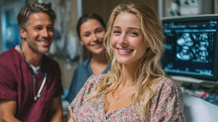 Smiling Pregnant Woman with Doctors During Ultrasound