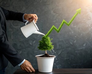Businessman watering a plant with an upward trending arrow graph growing from it