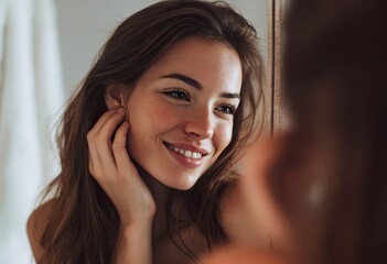 A beautiful woman with long hair, smiling and touching her ear while looking in the mirror at home for beauty treatment, skin care or skincare on her face and body. Beauty concept of self-care, person