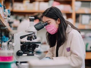 Fototapeta premium a woman wearing a face mask looking through a microscope at a microscope in a laboratory with shelves of bottles and shelves of other items