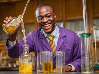 a man in a lab coat is pouring something into a beakle with a spoon in it and several other beakles on a table