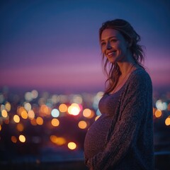 Pregnant Woman at Sunset City Lights