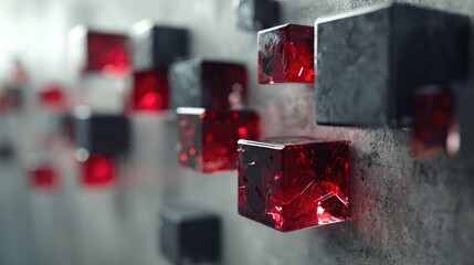 3D Red and Black Glass Cubes on Concrete Wall