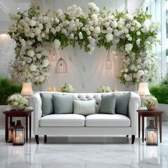 Romantic Lounge Setup with Floral Arch and Soft Lighting