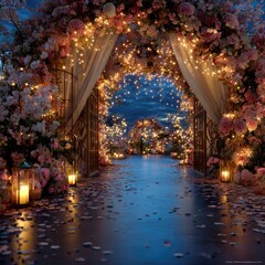 Magical Garden Wedding Entrance with Lights and Flowers