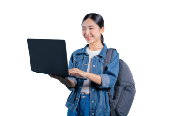 A happy young Asian student smiling with content as she types or browses on her laptop for her online classes on png 