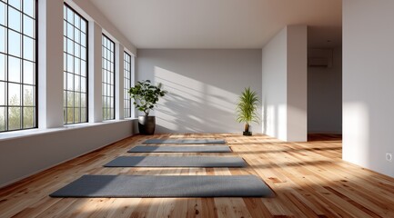 Fototapeta premium Une salle d'activités physiques minimaliste avec parquet en bois, de grandes fenêtres sur le côté gauche, lumière naturelle et quatre tapis gris disposés devant un mur vide avec plantes vertes.