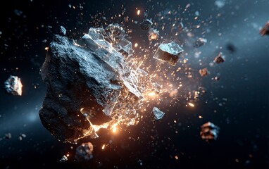 A dramatic scene of an asteroid shattering into pieces, creating sparks and debris against the backdrop of space. The focus is on capturing the dynamic motion as it shattered with precision. Photoreal