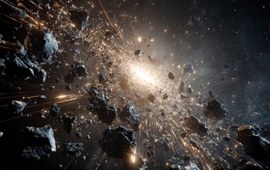 A dramatic scene of an asteroid shattering into pieces, creating sparks and debris against the backdrop of space. The focus is on capturing the dynamic motion as it shattered with precision. Photoreal