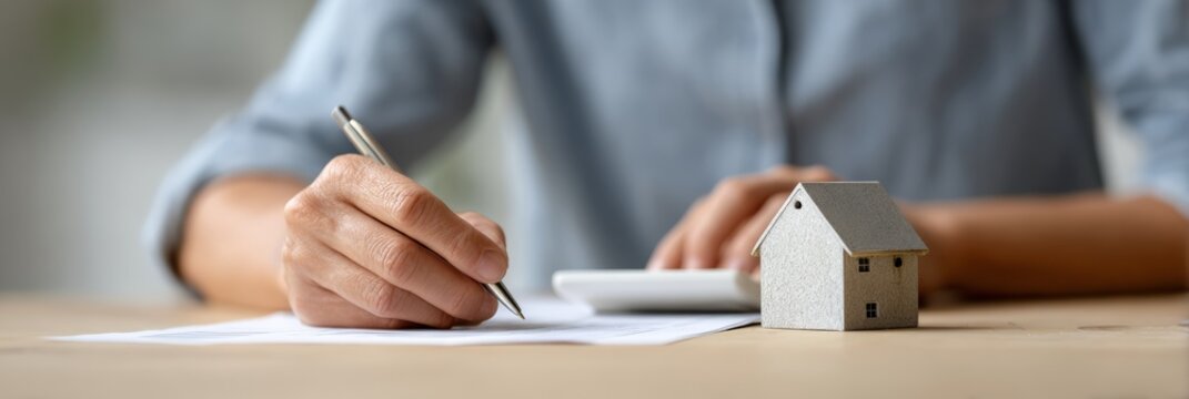 Real estate professional calculating property costs, signing contract near house model resting on wooden surface, representing home buying or rental process