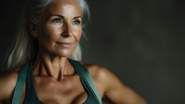 Senior woman doing a resistance band workout at home with focused lighting - Powered by Adobe