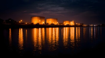 Fototapeta premium Night view of a water control station under bright yellow lights
