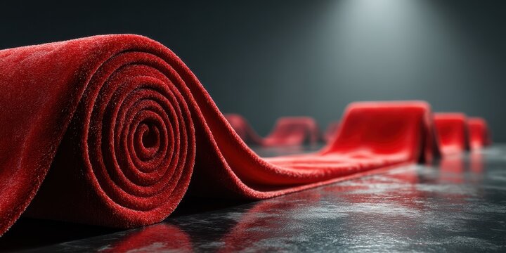 Red velvet fabric laid out in a fashion studio for a creative design project during the evening hours