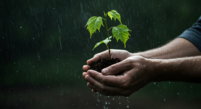 Hands holding a small plant seedling with soil, with rain falling in the background, symbolizing growth and environmental care.