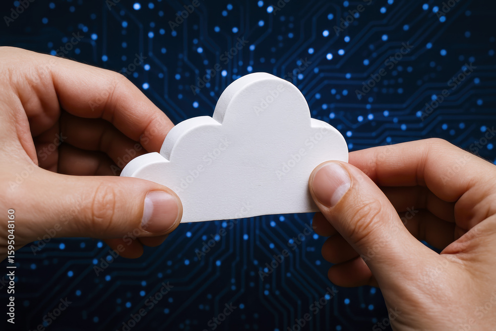 Poster cloud data technology network assemble hands process digital information storage secure connection