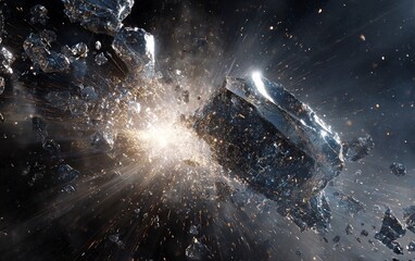 A dramatic scene of an asteroid shattering into pieces, creating sparks and debris against the backdrop of space. The focus is on capturing the dynamic motion as it shattered with precision. Photoreal