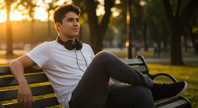 A young man relaxing on a park bench at sunset with headphones around his neck looking thoughtful