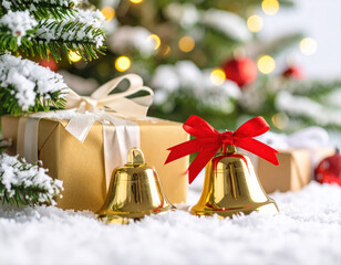 Festive holiday celebration with golden bells christmas tree photo indoor close-up cheerful atmosphere