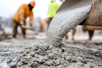 Fototapeta premium Wet cement being poured. Workers in orange and yellow vests work nearby. Industrial construction concept, building, and infrastructure development.