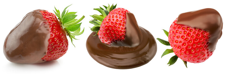 collection of strawberry in chocolate isolated on white background