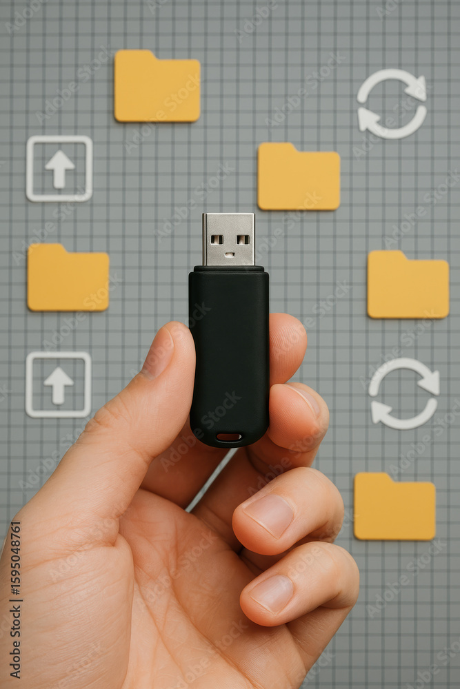 Poster upload sync and storage concepts empower data technology with computing files held by human hands