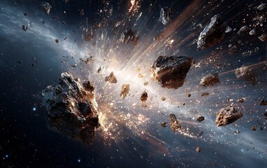 A dramatic scene of an asteroid shattering into pieces, creating sparks and debris against the backdrop of space. The focus is on capturing the dynamic motion as it shattered with precision. Photoreal