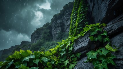 Rainy Landscape with Cliff Covered in Green Ivy Vines