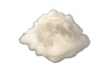 Realistic full moon partially covered by white clouds on a transparent background, creating a mystical and dreamy atmosphere
