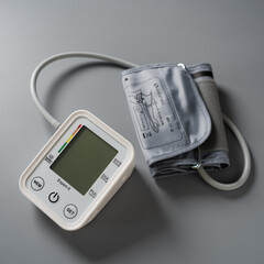 Digital blood pressure monitor resting on a gray surface alongside an inflatable cuff indicating health assessment technology