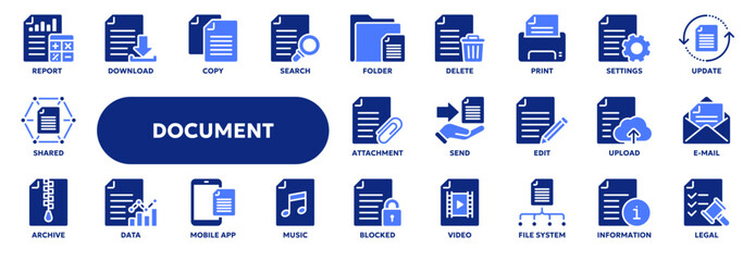 Set of vector solid icons related to business office documents and papers, accounting and audit, computer file system. Symbols for web or app UI, logo design, illustration