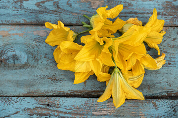 Bright yellow flowers resting on weathered blue wooden surface showcase the beauty of nature in a rustic setting