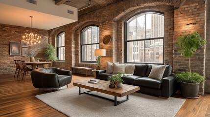 Fototapeta premium Spacious loft apartment with exposed brick walls and large windows in urban setting