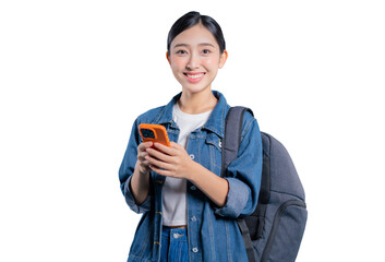 A friendly young Asian student holding a smartphone and smiling warmly at the camera, looking happy...
