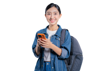 A friendly young Asian student holding a smartphone and smiling warmly at the camera, looking happy and connected.on png