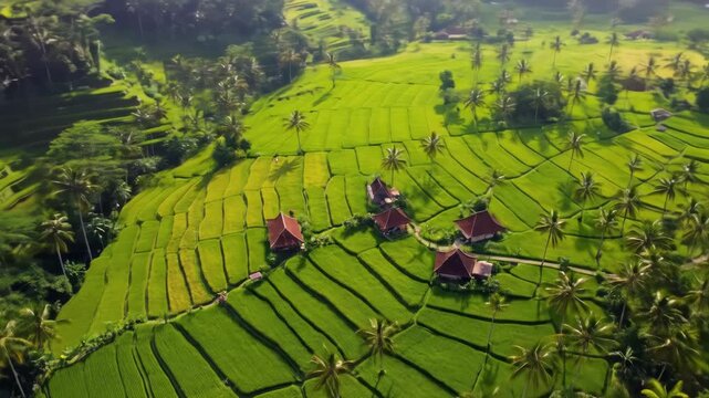 An aerial view showcases vibrant green rice paddies terraced across a hillside. Palm trees dot the landscape, and small huts are nestled in the fields