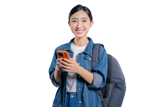 A friendly young Asian student holding a smartphone and smiling warmly at the camera, looking happy and connected.on png 