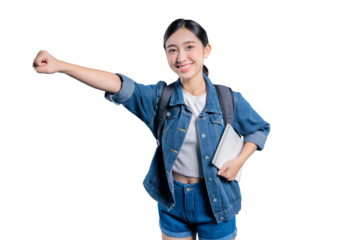 A happy young Asian student holding a notebook and making a fist pump gesture to celebrate success or victory. on png 